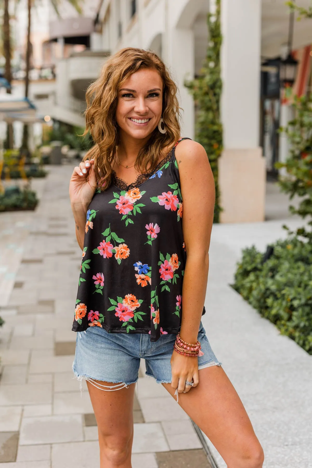 Aloha Beauty Lace Trimmed Tank Top- Black