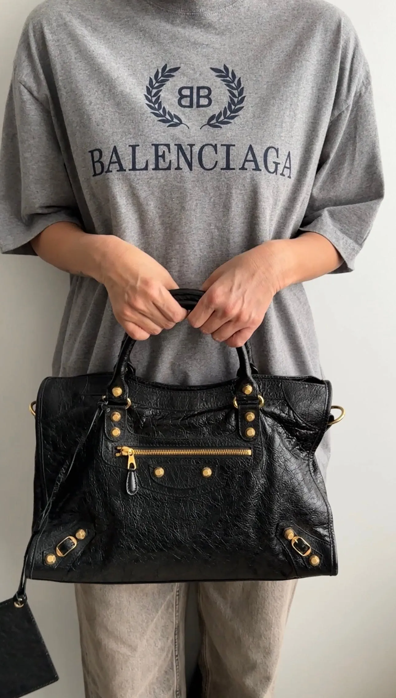 Balenciaga Grey Tee with Navy College Logo - S / M / L