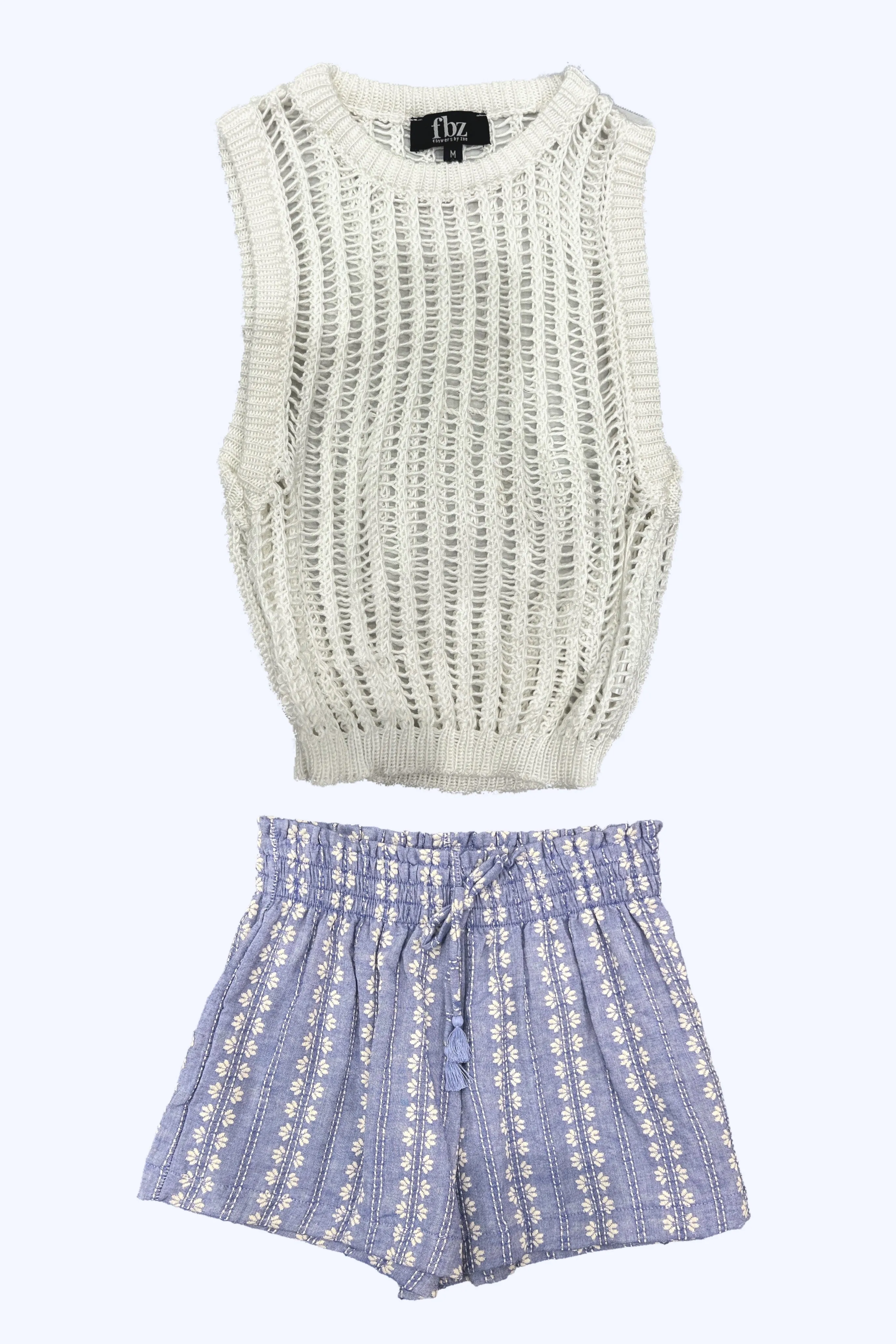 Blue Ivory Print Eyelet Shorts