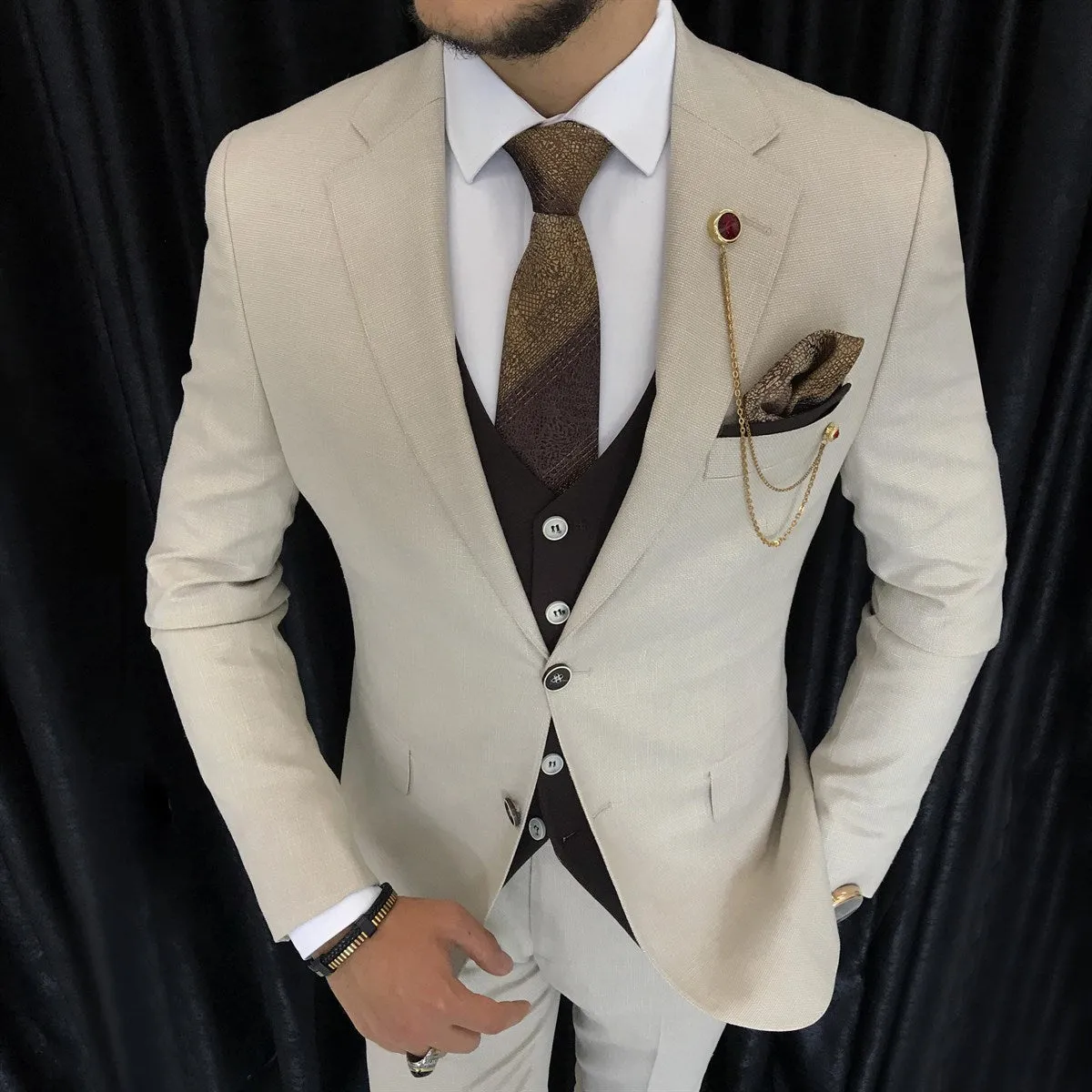 Bojoni Cagliari Beige Slim-Fit Suit 3-Piece