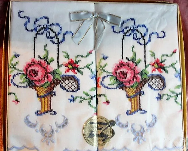 CHARMING Vintage Hand Embroidered Baskets of PINK ROSES Pair of Cotton Pillowcases in Original Box Pillow Case Set HouseWarmimg 