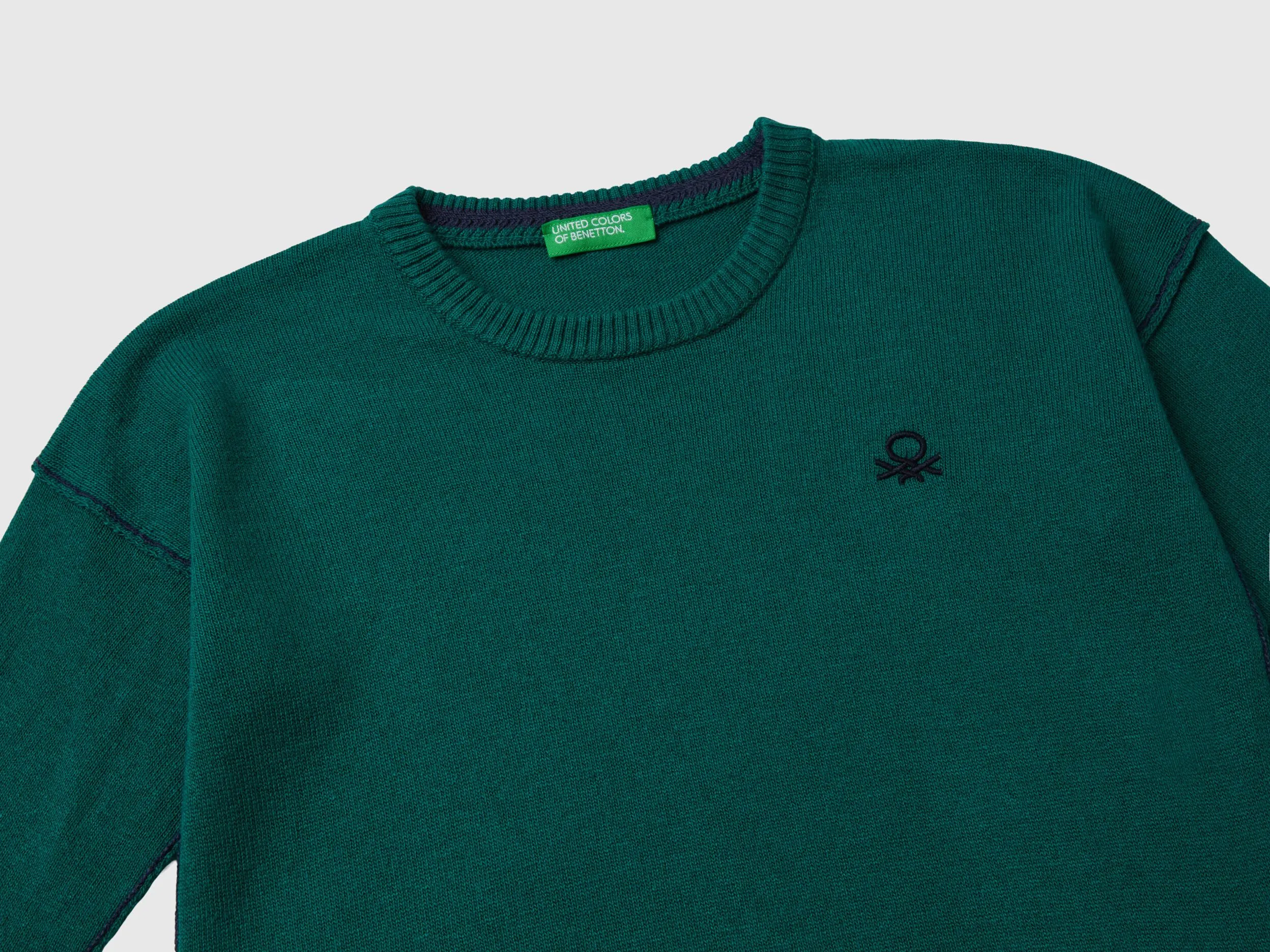 Crew neck sweater with embroidery - Dark Green | Benetton