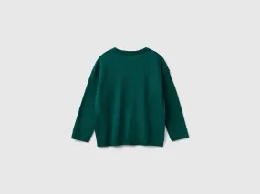 Crew neck sweater with embroidery - Dark Green | Benetton