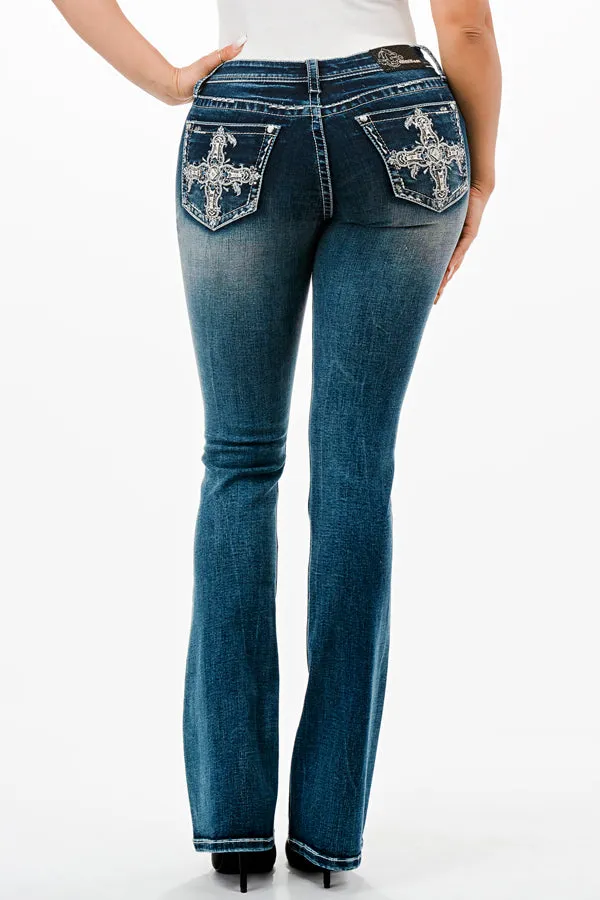 Cross Embellished Mid Rise Bootcut Jeans