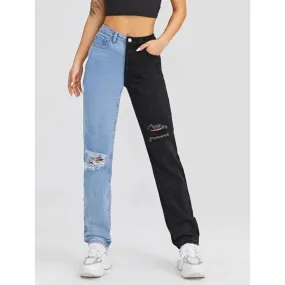 Denim Ripped Half Color Jean