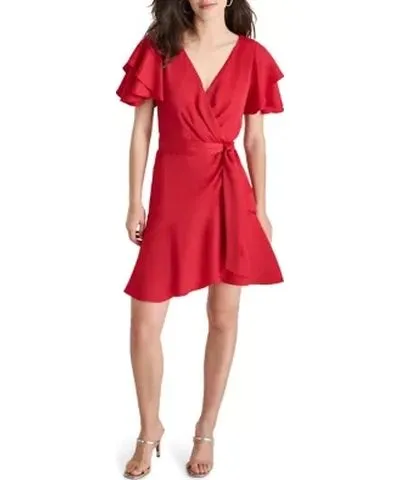 DKNY Women's Short Ruffle Sleeves V-Neck Belted Sheath Dress