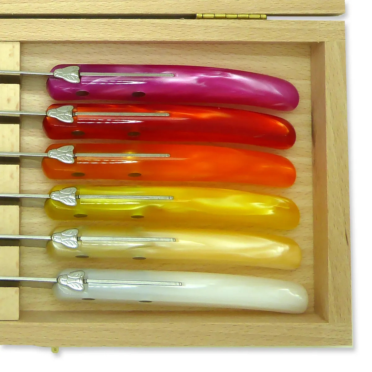 EW Claude Dozorme Laguiole Steak Knife Gift Set of 6 Mixed Pink Red Orange Natural Yellow White