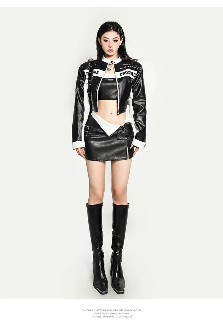 FINGERS CROSSED Faux Leather Three Piece Cropped Jacket Tube Top Zip Up Mini Skirt Matching Set