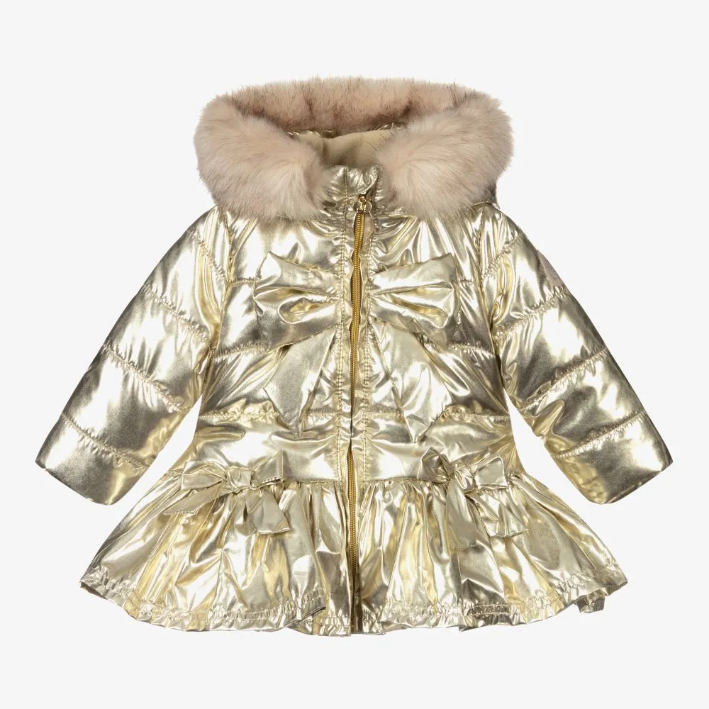 Girls Gold Hooded Bow Coat