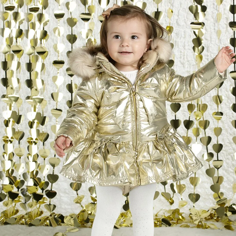 Girls Gold Hooded Bow Coat