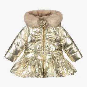 Girls Gold Hooded Bow Coat