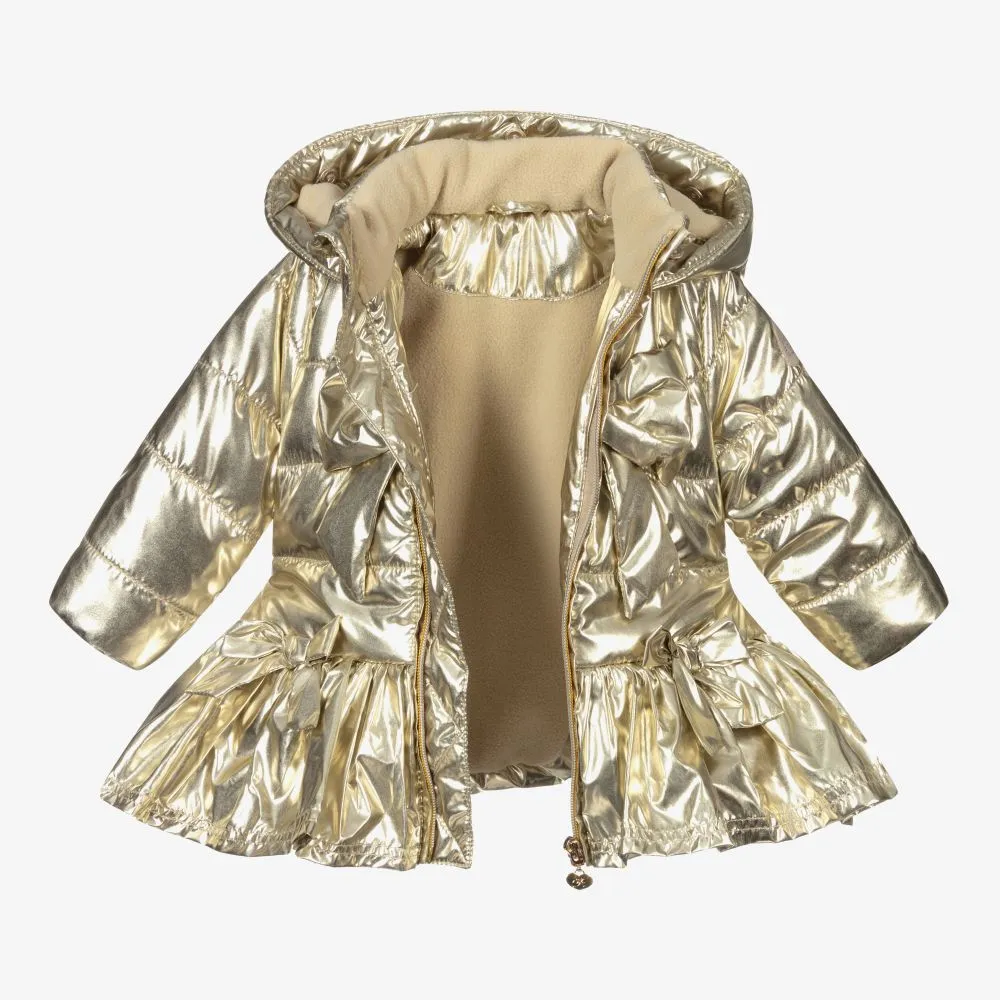 Girls Gold Hooded Bow Coat