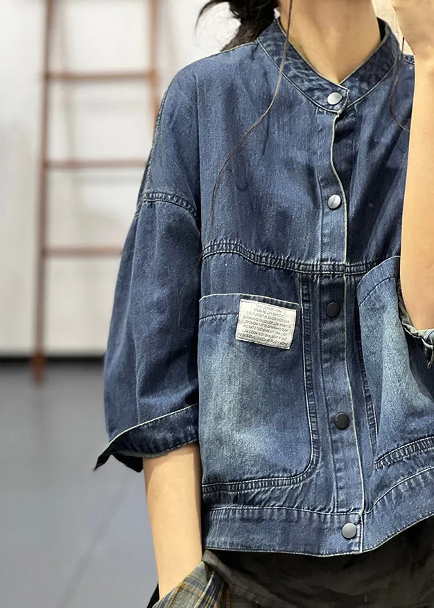 Handmade Blue Stand Collar Button Denim Coat Half Sleeve