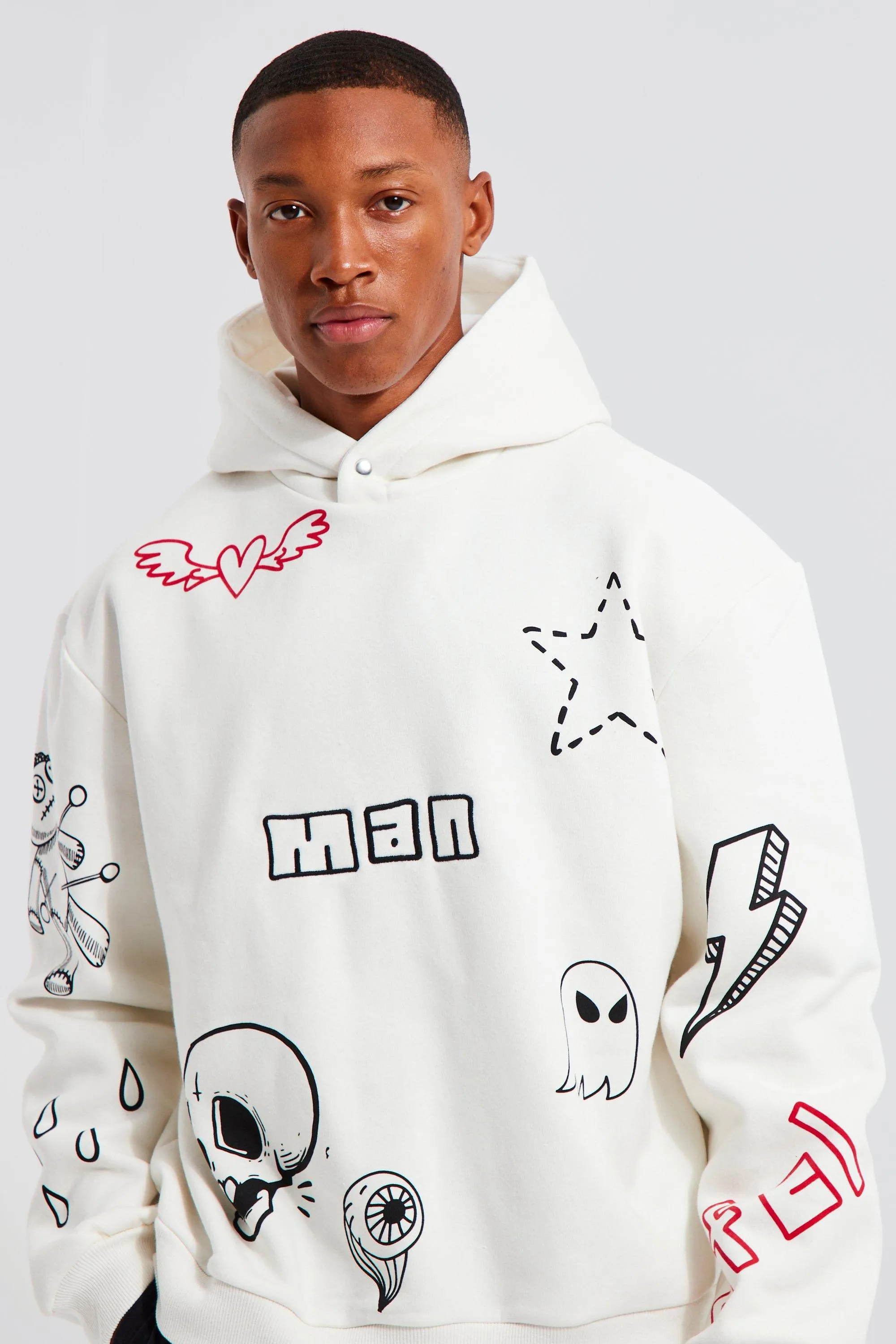 Hoodies & Sweatshirts | Oversized Boxy Doodle Graphic Hoodie | boohooMAN