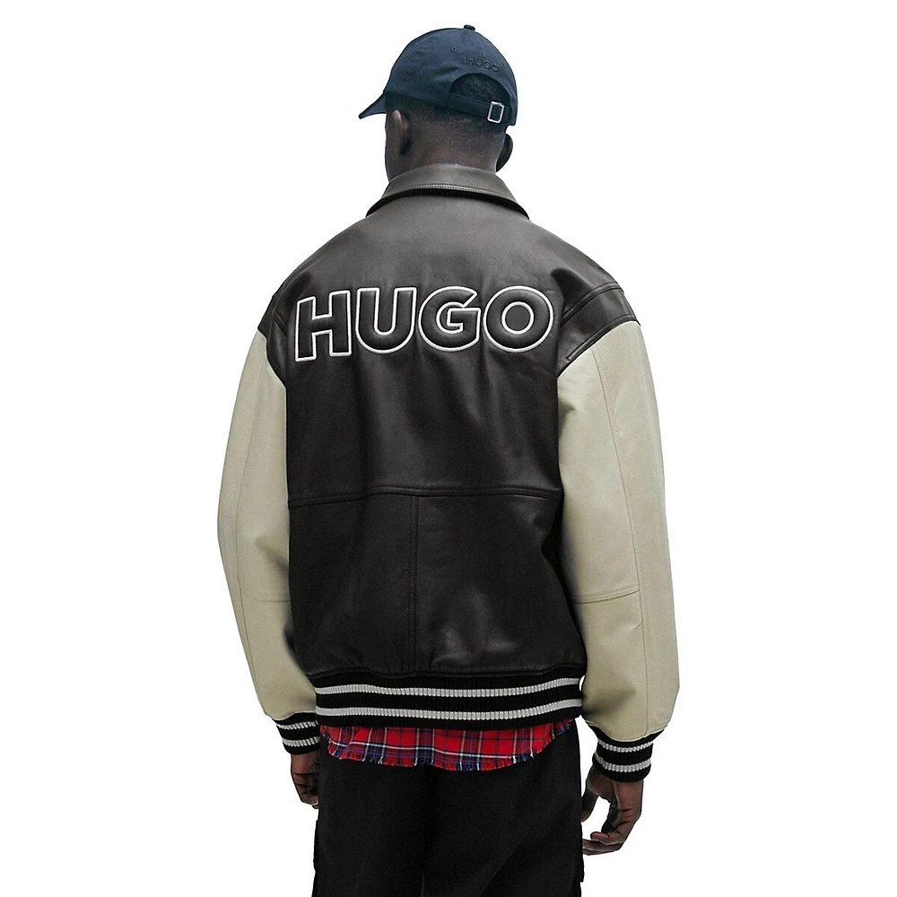 HUGO Leather Varsity Jacket With Oversized Embossed Logo