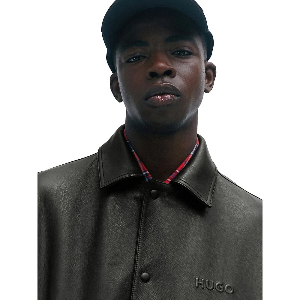 HUGO Leather Varsity Jacket With Oversized Embossed Logo