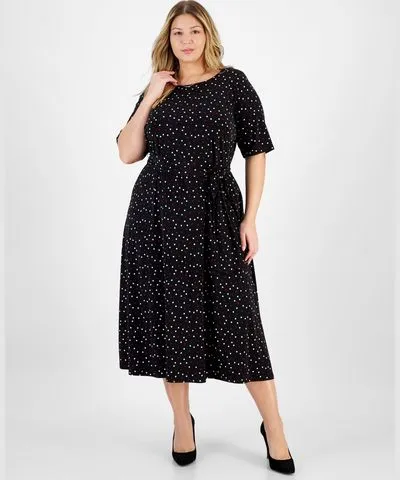 Kasper Plus Size Dot-Print Round-Neck Fit & Flare Dress