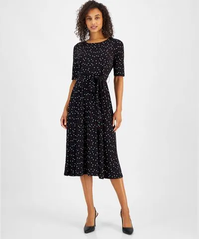 Kasper Women's Printed Tie-Waist Elbow-Sleeve Midi Dress