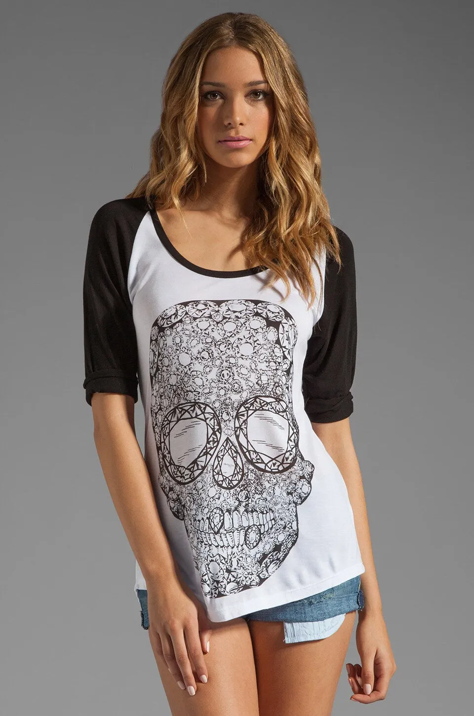 Lauren Moshi Women's FRANKIE 3/4 Ragla Baseball Tee Diamond Skull White/Black