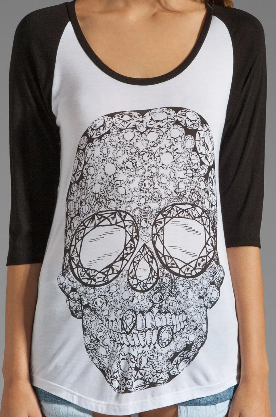 Lauren Moshi Women's FRANKIE 3/4 Ragla Baseball Tee Diamond Skull White/Black