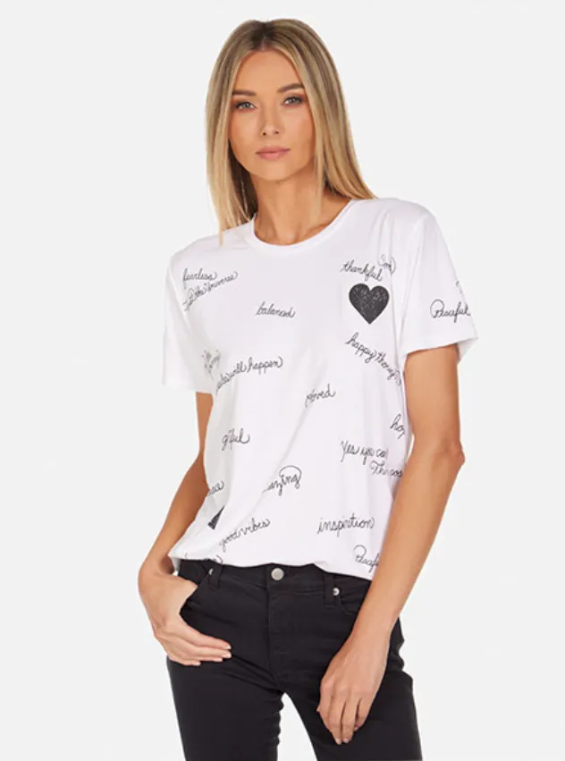 Lauren Moshi Women's Wolf - Boyfriend Tee Happy Thoughts in White/Onyx