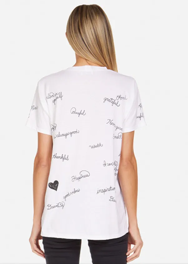 Lauren Moshi Women's Wolf - Boyfriend Tee Happy Thoughts in White/Onyx