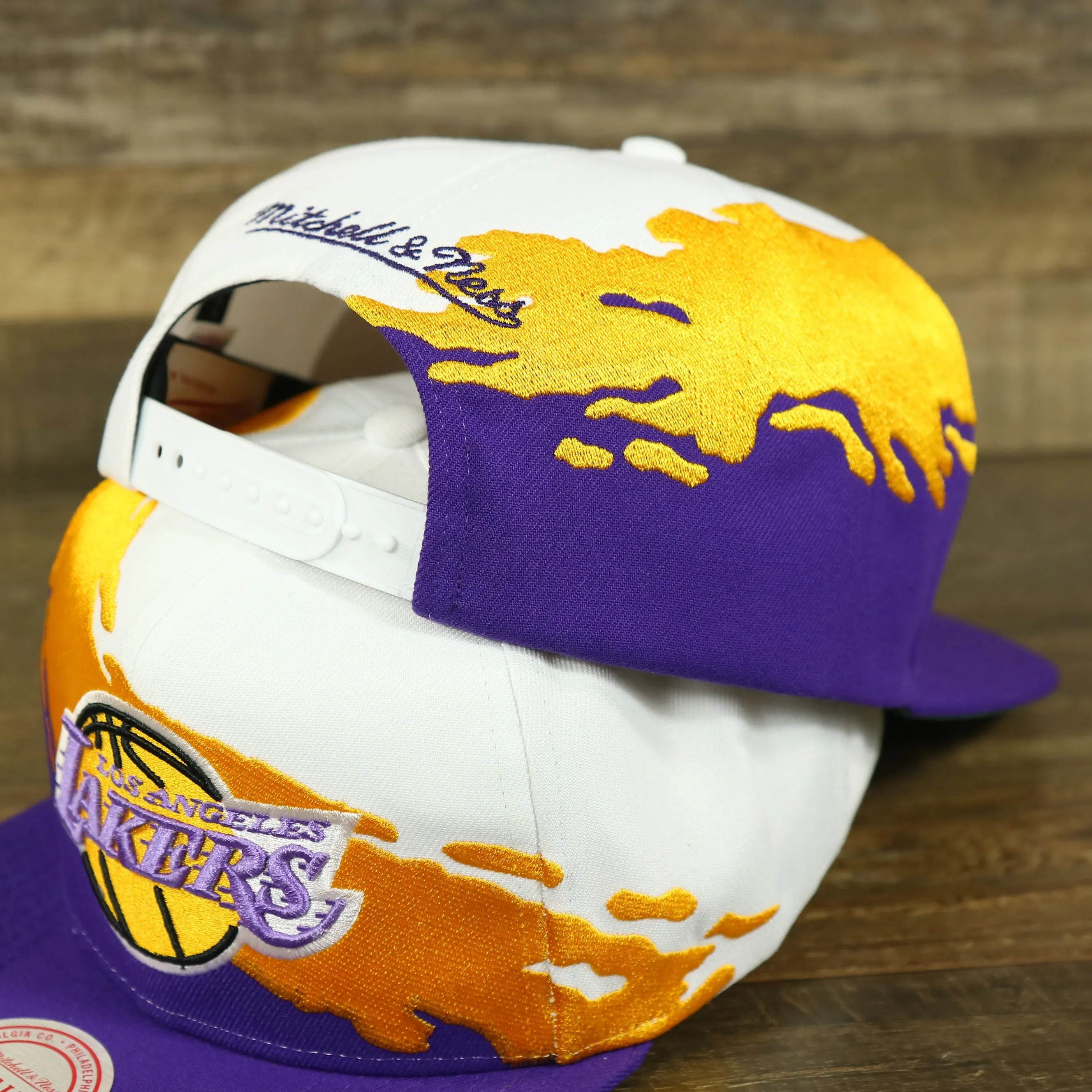 Los Angeles Lakers Vintage Retro NBA Paintbrush Mitchell and Ness Snapback Hat | Purple/White/Yellow