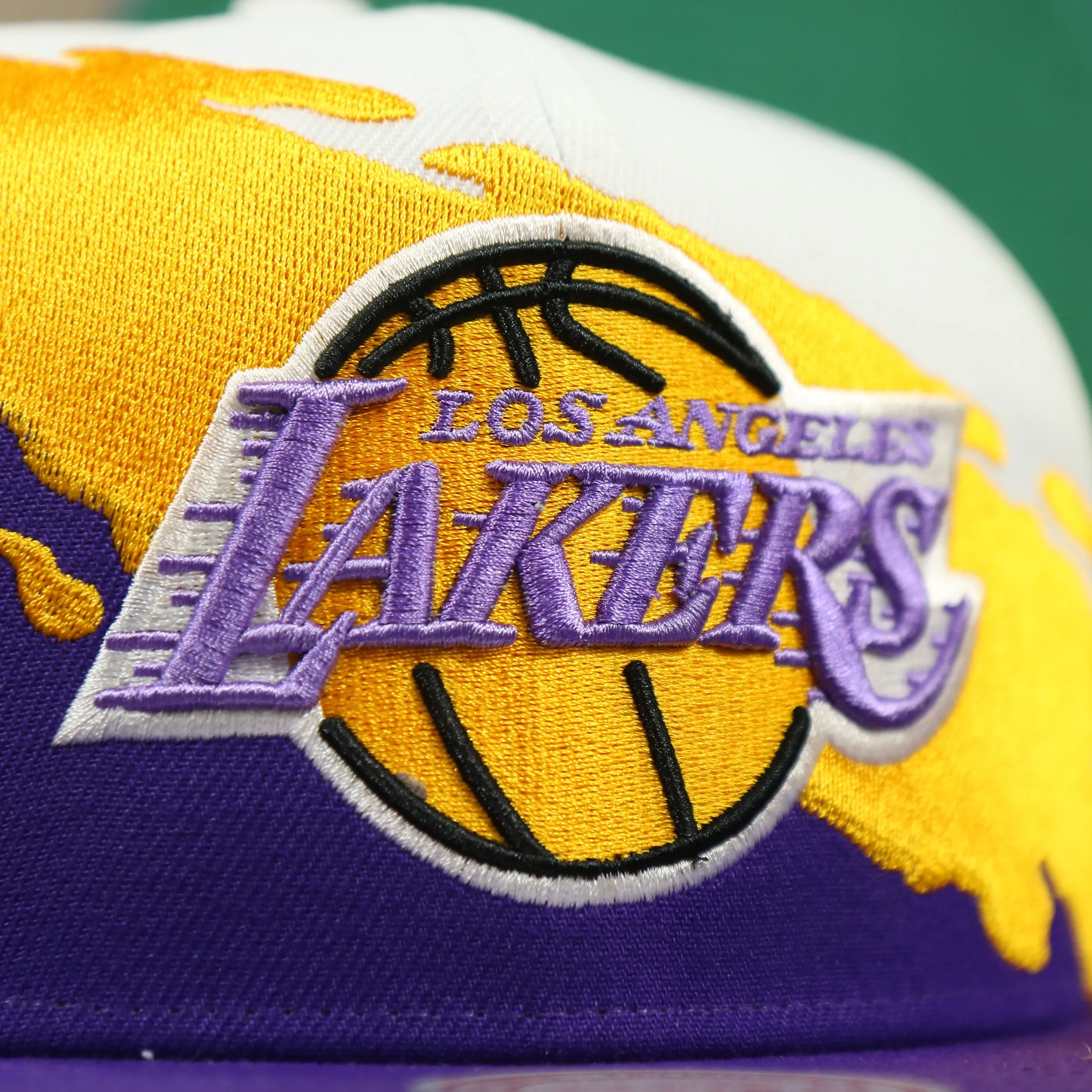 Los Angeles Lakers Vintage Retro NBA Paintbrush Mitchell and Ness Snapback Hat | Purple/White/Yellow