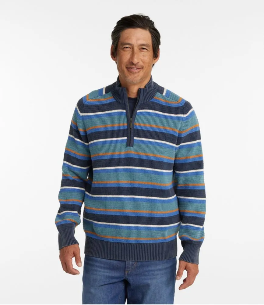 Men's Textured Washed Cotton Sweaters, Quarter Zip, Stripe