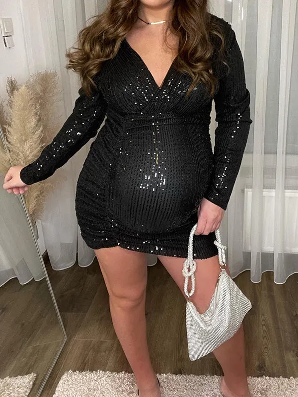 Momnfancy Elegant Black Sequin Sparkly Ruffle Irregular Bodycon Maternity Cocktail Mini Dress