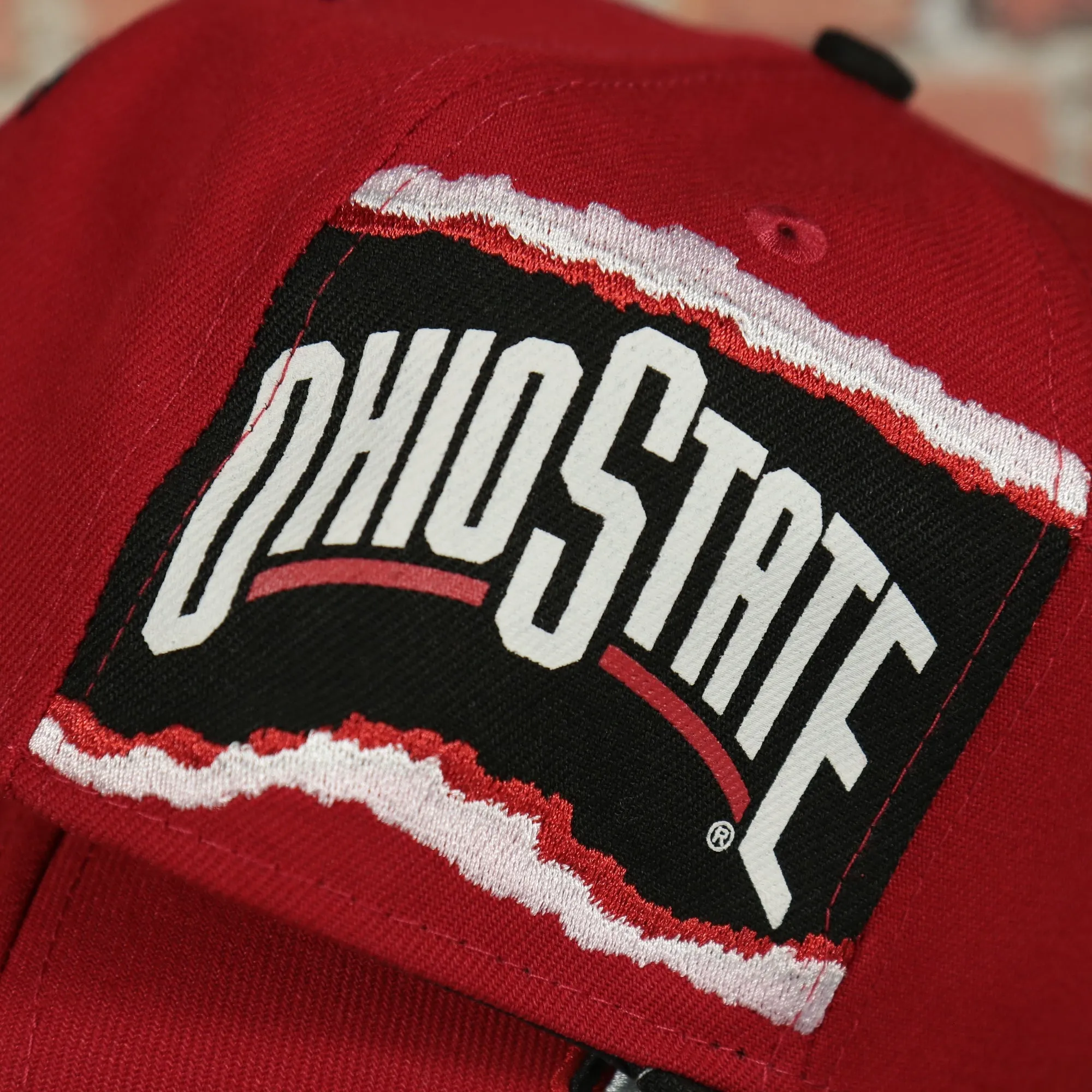 Ohio State Buckeyes NCAA Jumbotron Ohio State Ripped Wordmark side patch Grey Bottom Red/Black Snapback hat | Mitchell and Ness 