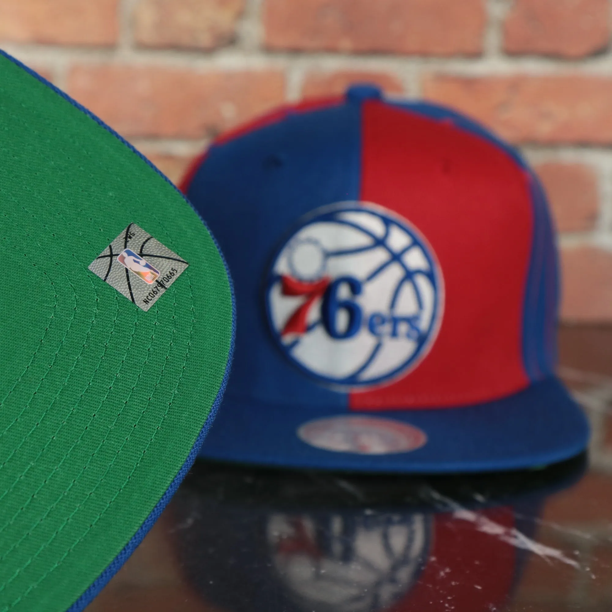 Philadelphia 76ers NBA What the Pinstripe Green Bottom Multicolored Snapback Hat | Mitchell and Ness Blue/Red/Black/White Snap c