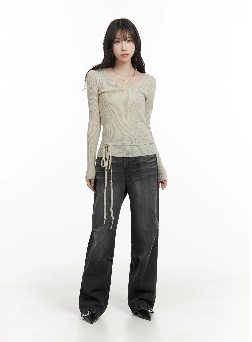 Pintuck Washed Wide Leg Jeans CA403