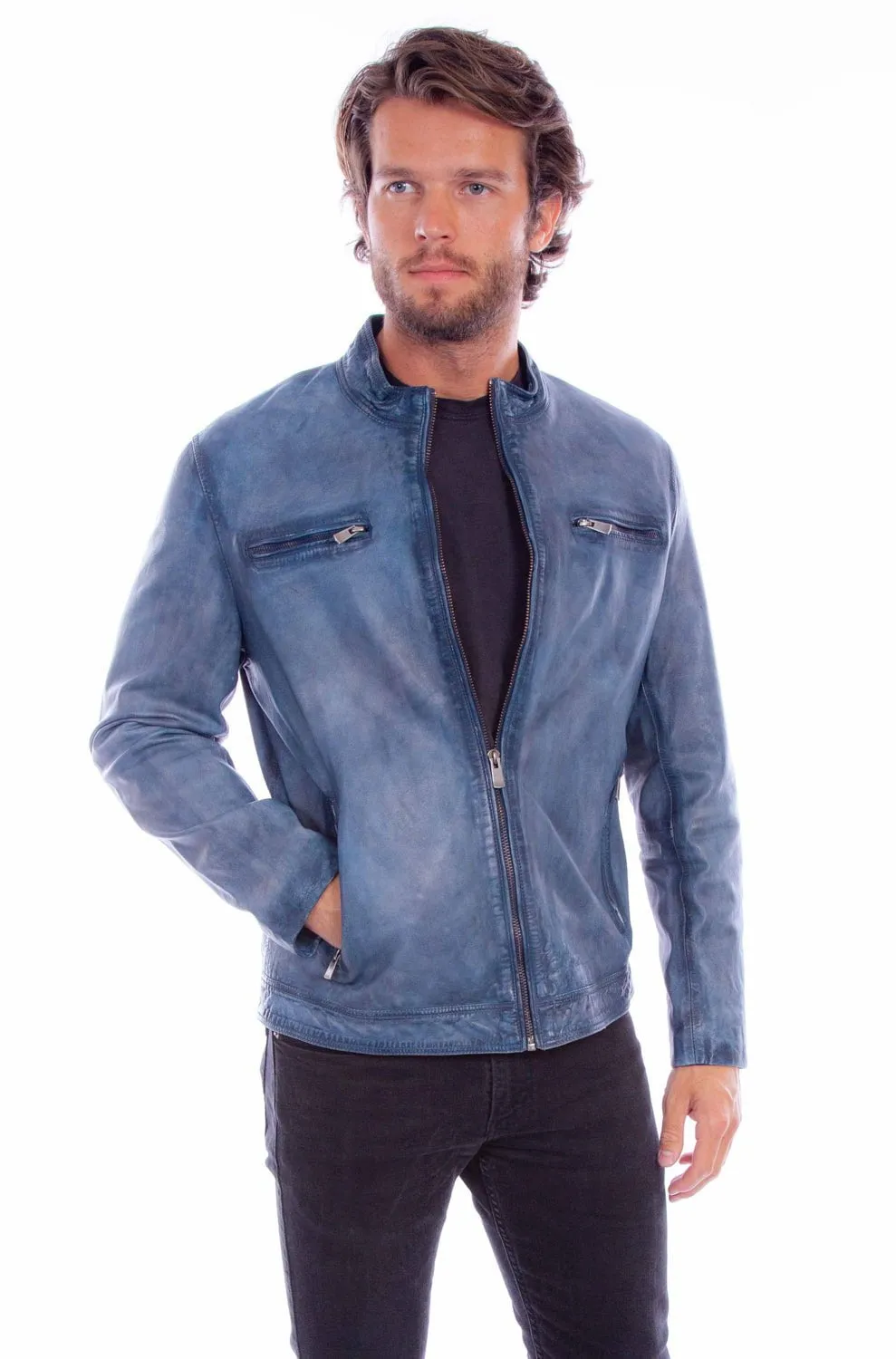 Scully Mens Distressed Slim Fit Denim Leather Leather Jacket