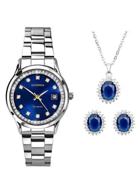 Sekonda Ladies Catherine 3 Piece Gift Set with Blue Mother of Pearl Dial Watch, Blue Glass Pendant & Matching Earrings | Gra