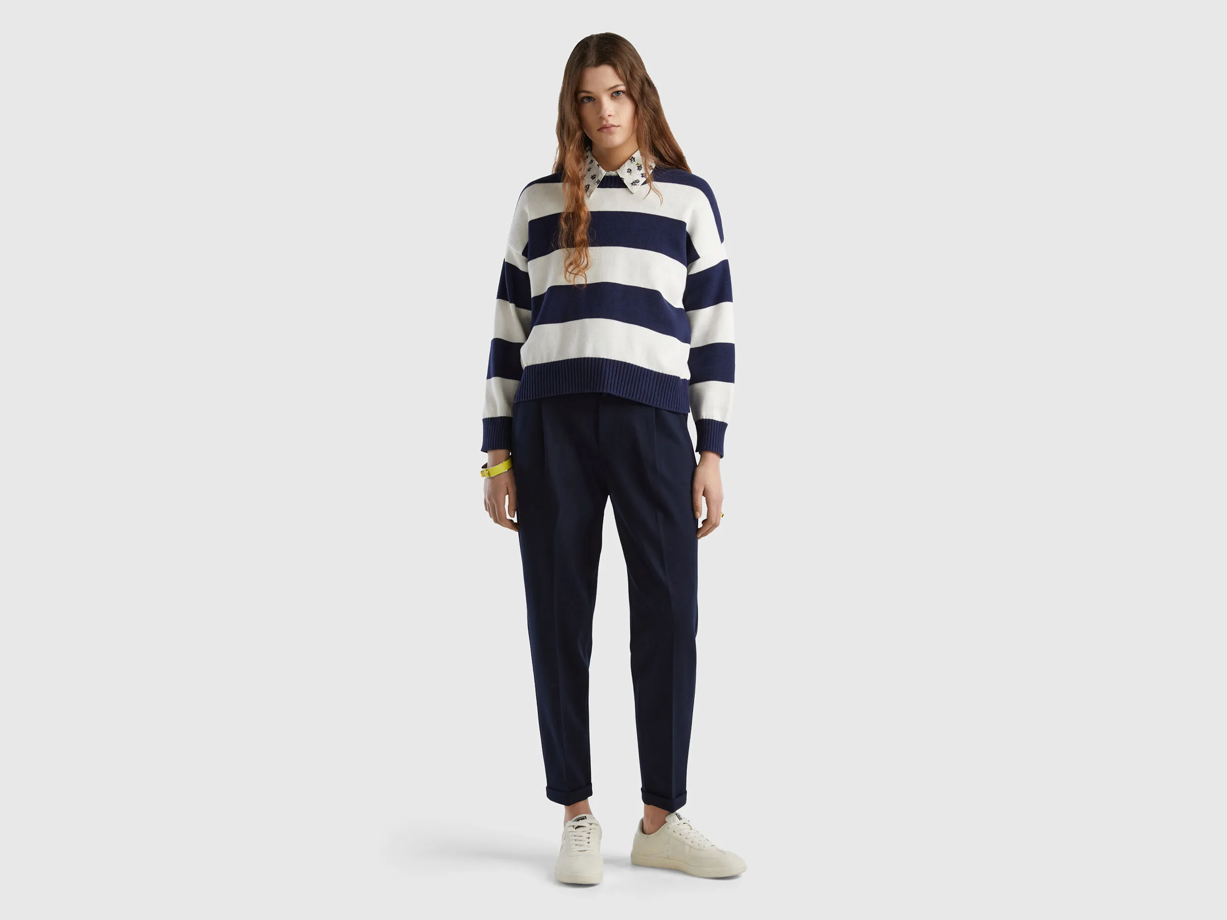 Striped sweater in tricot cotton - Dark Blue | Benetton