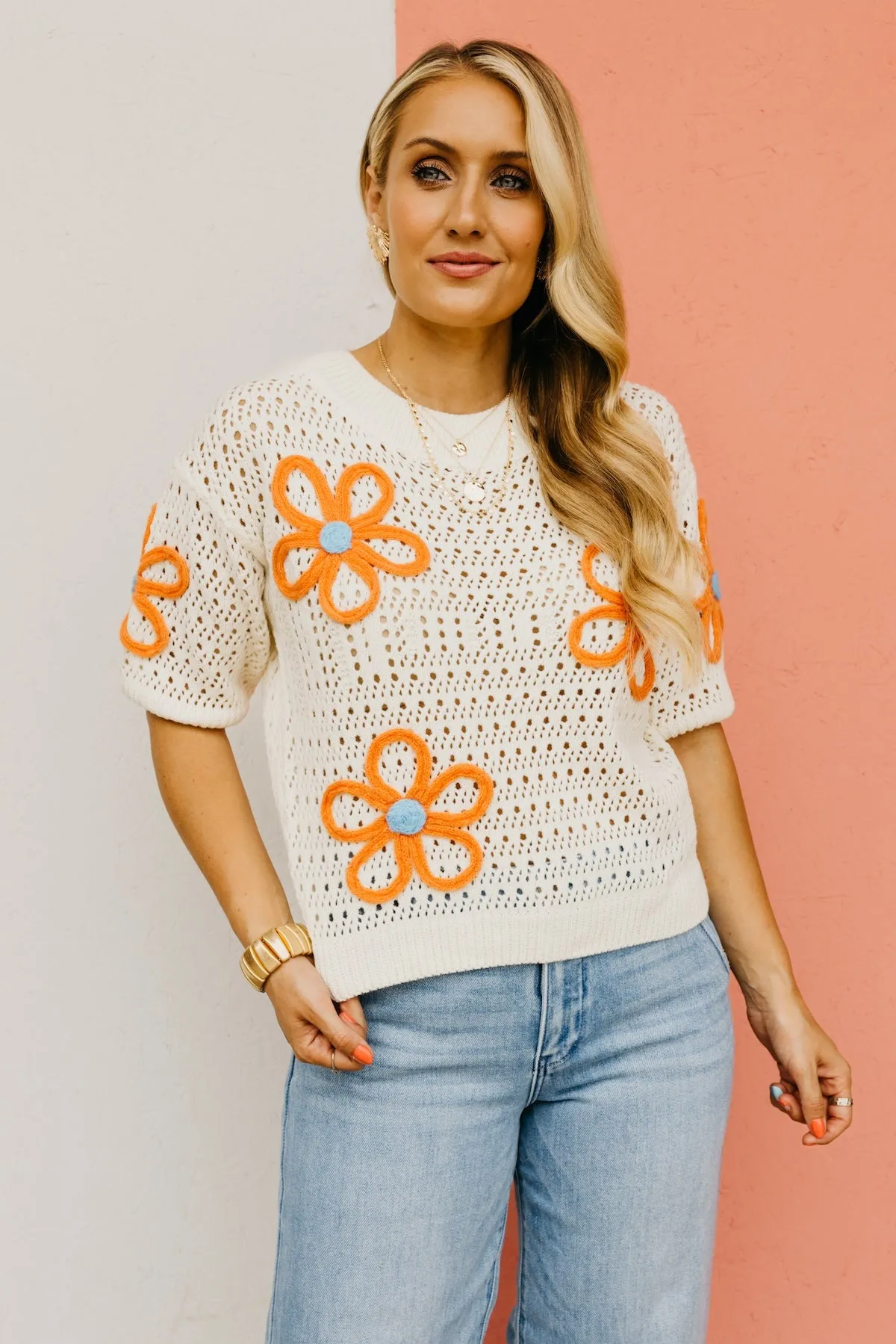 The Tayah Open Knit Floral Sweater Top