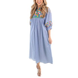 Tristen Midi Dress - Blue Stripe/Multi Embroidery