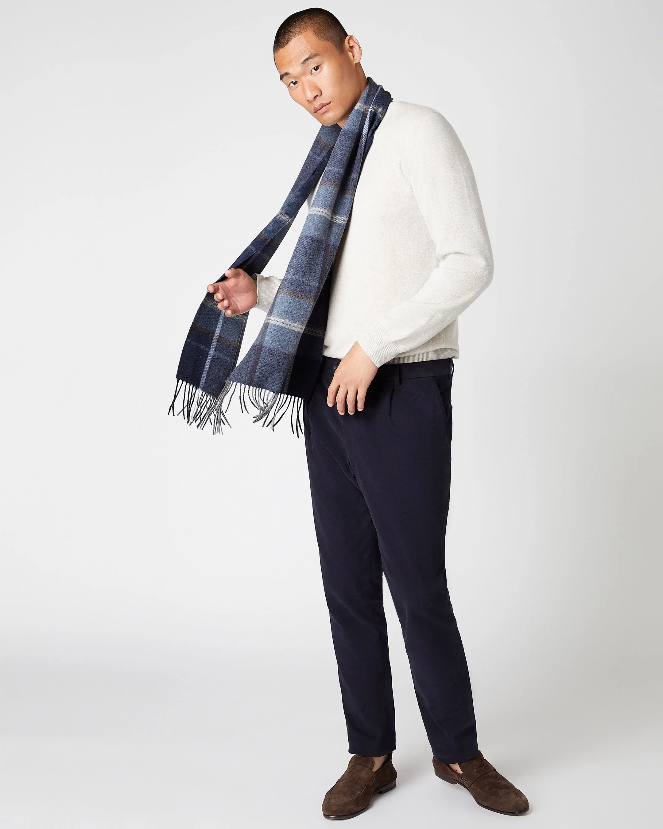 Unisex Cashmere Check Scarf Navy Blue