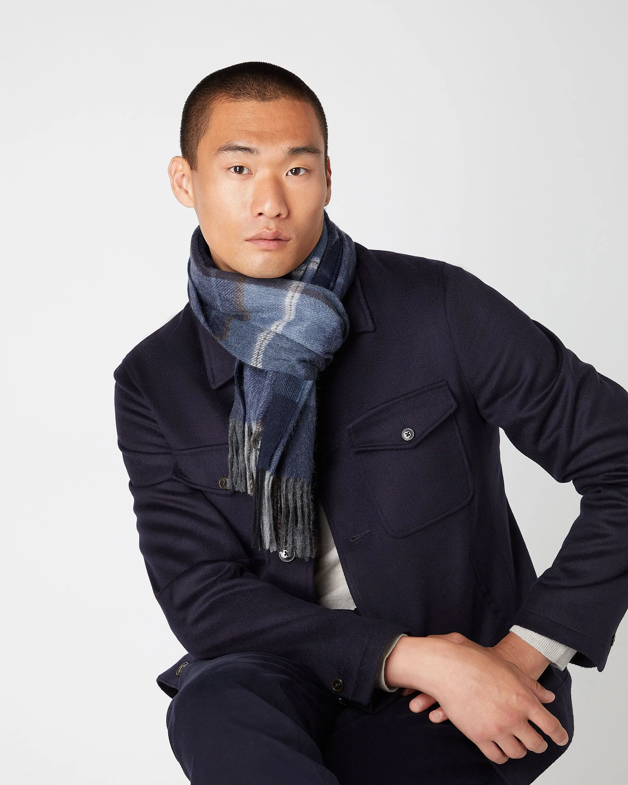 Unisex Cashmere Check Scarf Navy Blue