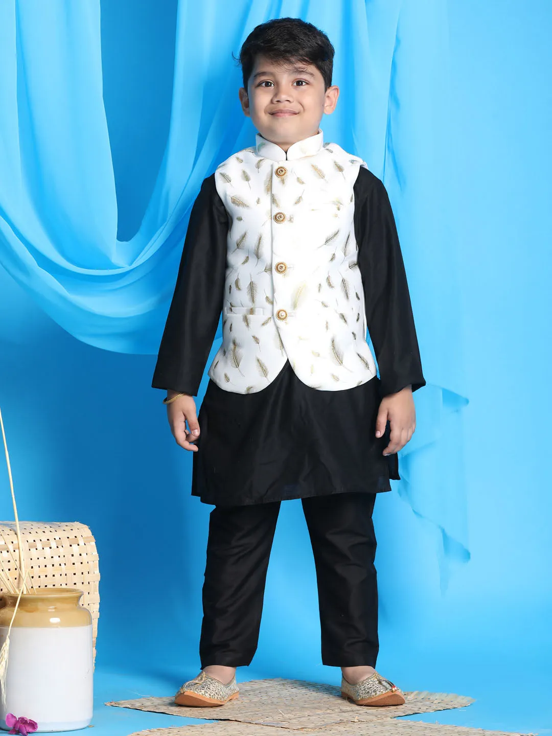 VASTRAMAY White And Gold Scuba Foil Print Nehru Jacket And Black Solid Kurta Pyjama Set