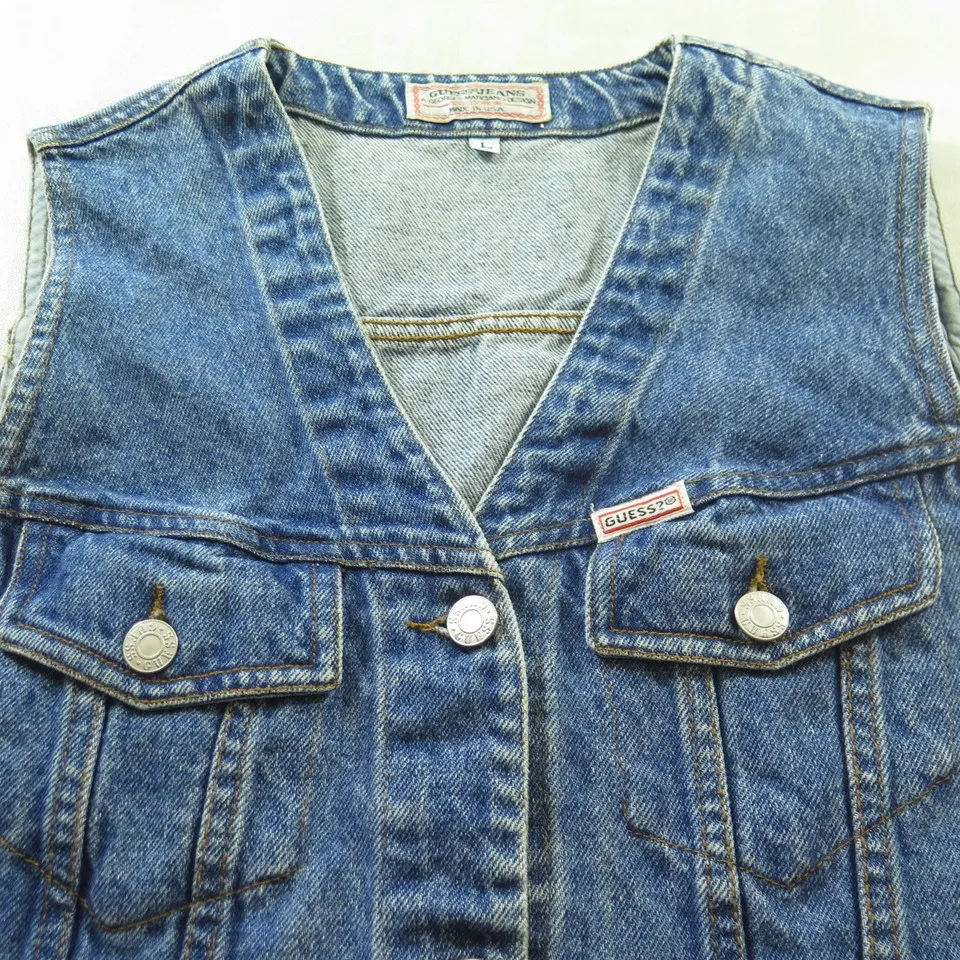 Vintage 80s Guess Denim Vest Womens L Blue Cotton USA Made White Tab