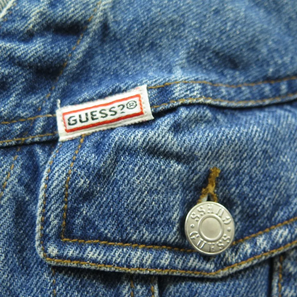 Vintage 80s Guess Denim Vest Womens L Blue Cotton USA Made White Tab