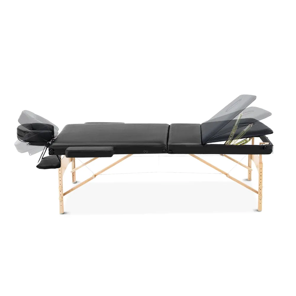 Zenses Massage Table 60cm Portable 3 Fold Wooden Beauty Bed Black